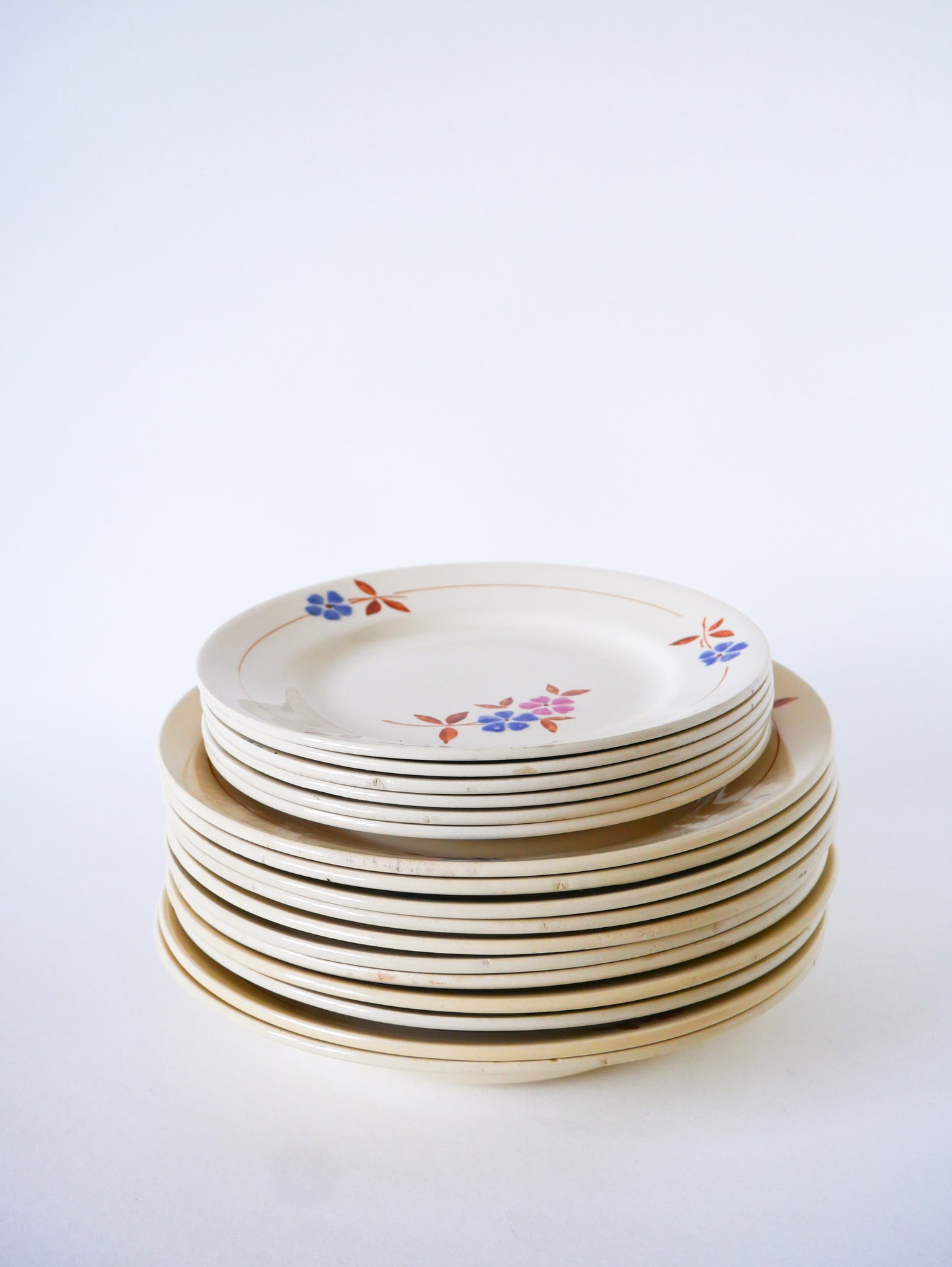 Lot de 5 assiettes creuses, Moulin des Loups, Rose, Bleu & Marron, 1950