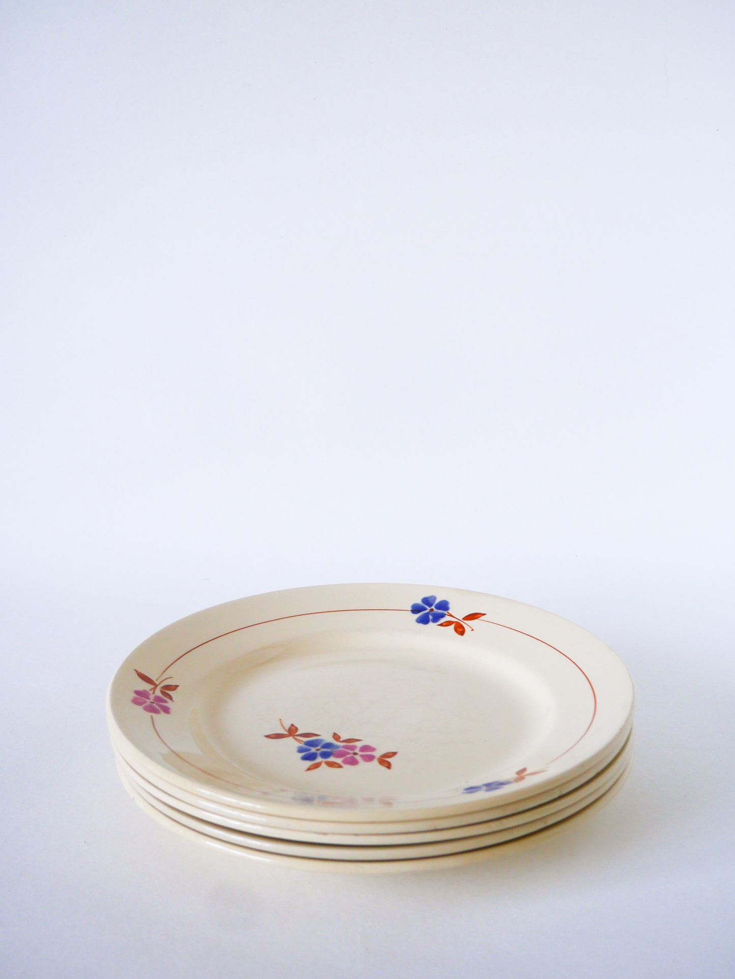 Lot de 5 assiettes plates, Moulin des Loups, Rose, Bleu & Marron, 1950