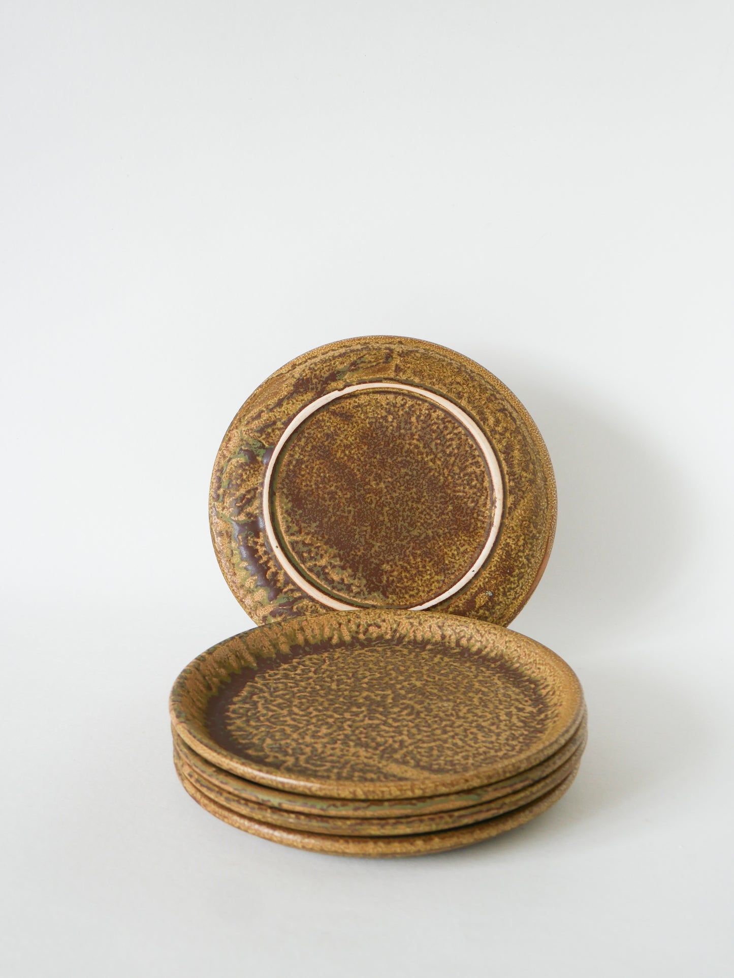 Lot de 5 assiettes à dessert en grès moucheté, Marron & Vert, Fabrication Artisanale, 1970
