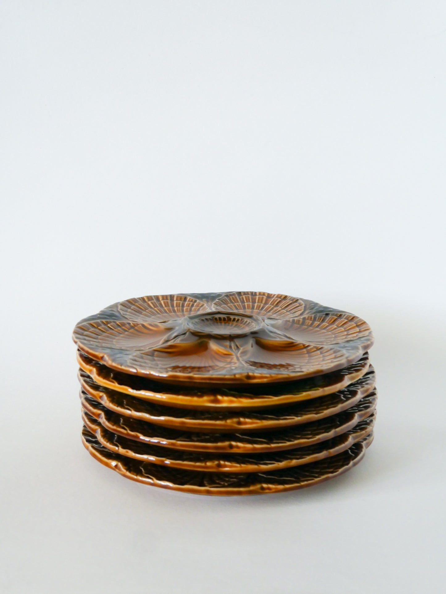 Lot de 6 assiettes à huîtres en barbotine, Marron, Design, 1960