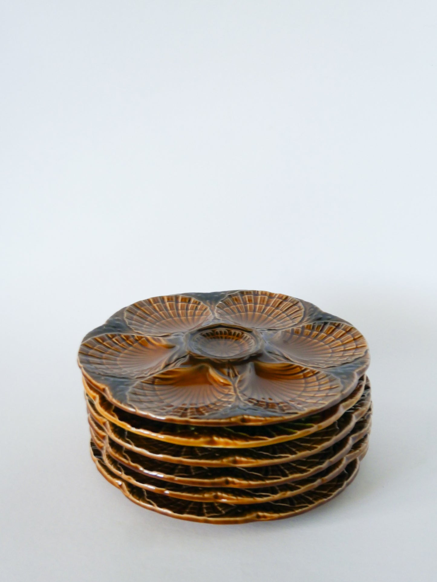 Lot de 6 assiettes à huîtres en barbotine, Marron, Design, 1960