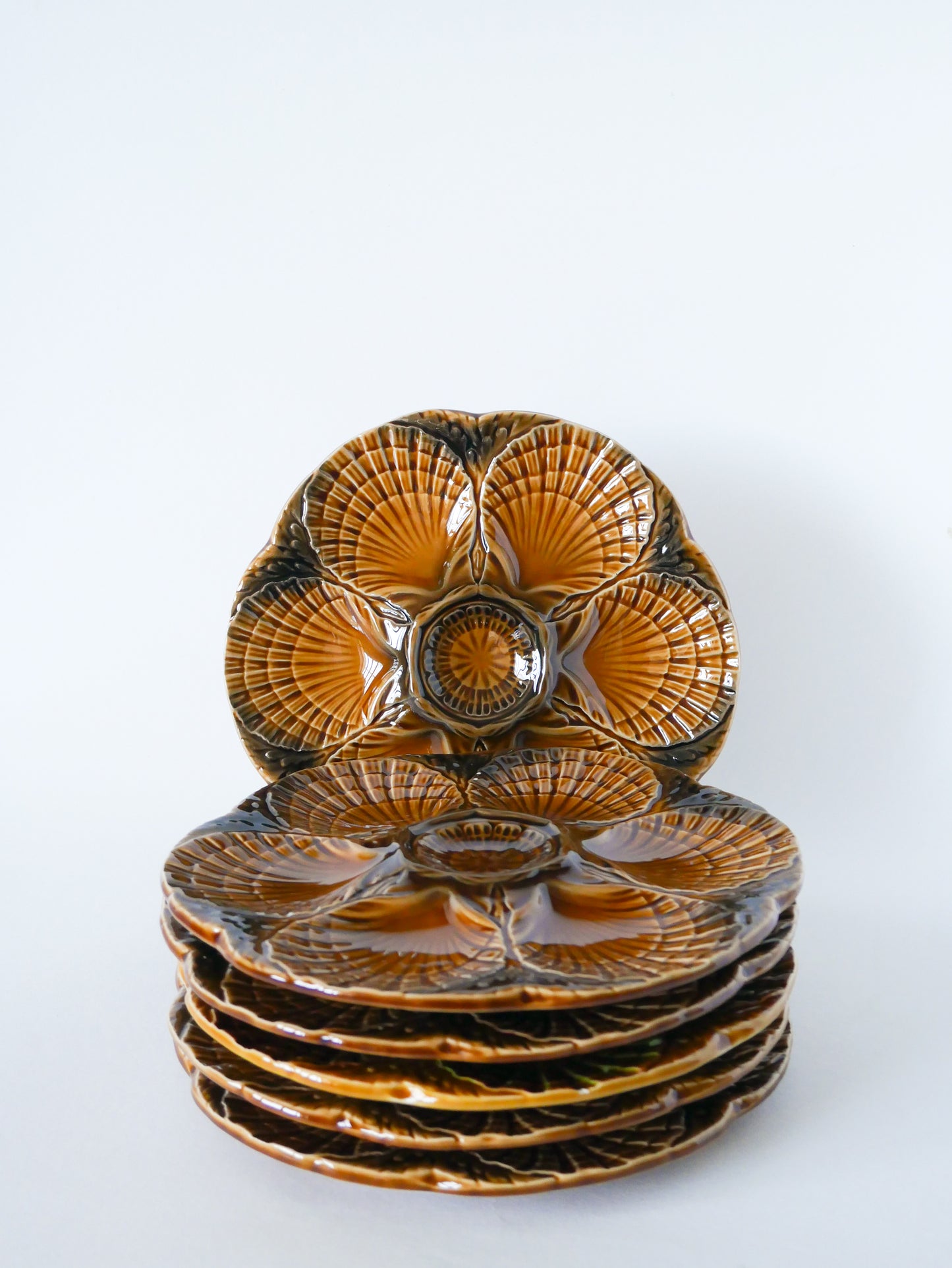 Lot de 6 assiettes à huîtres en barbotine, Marron, Design, 1960