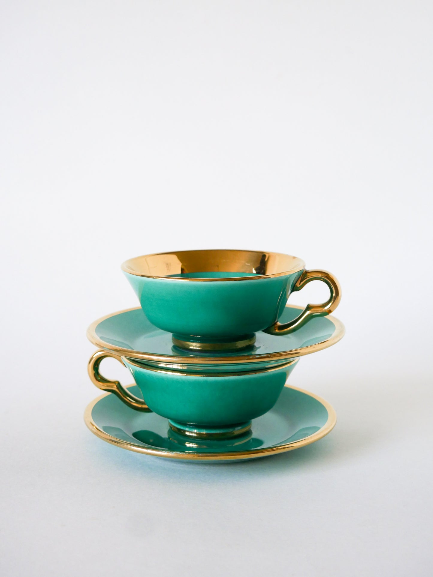 Paire de déjeuners en céramique Magdalithe Made in France, Vert & Doré, 1960