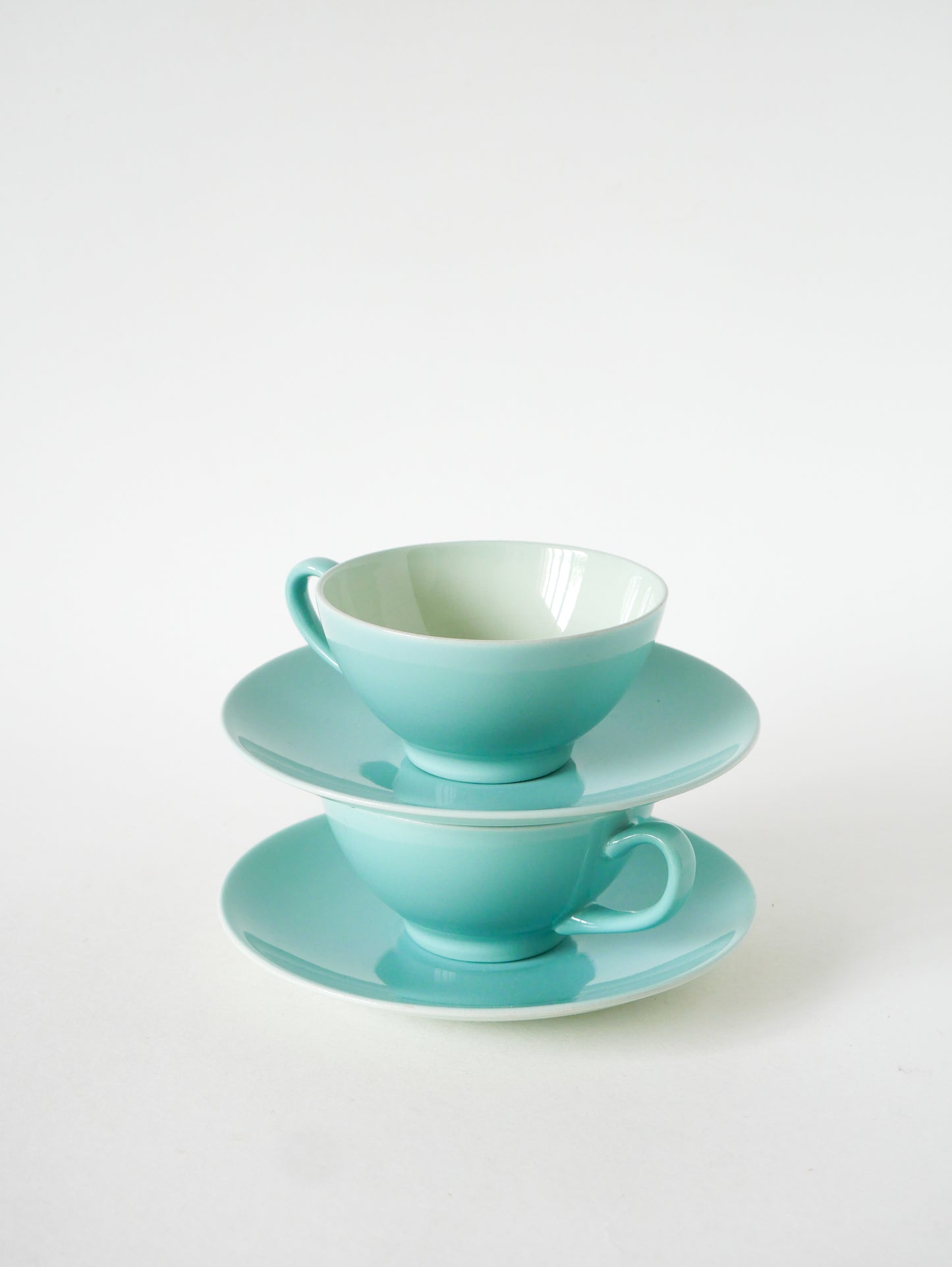 Paire de tasses et sous-tasses en faïence, Bleu Ciel & Vert Menthe, Made in Holland, 1960