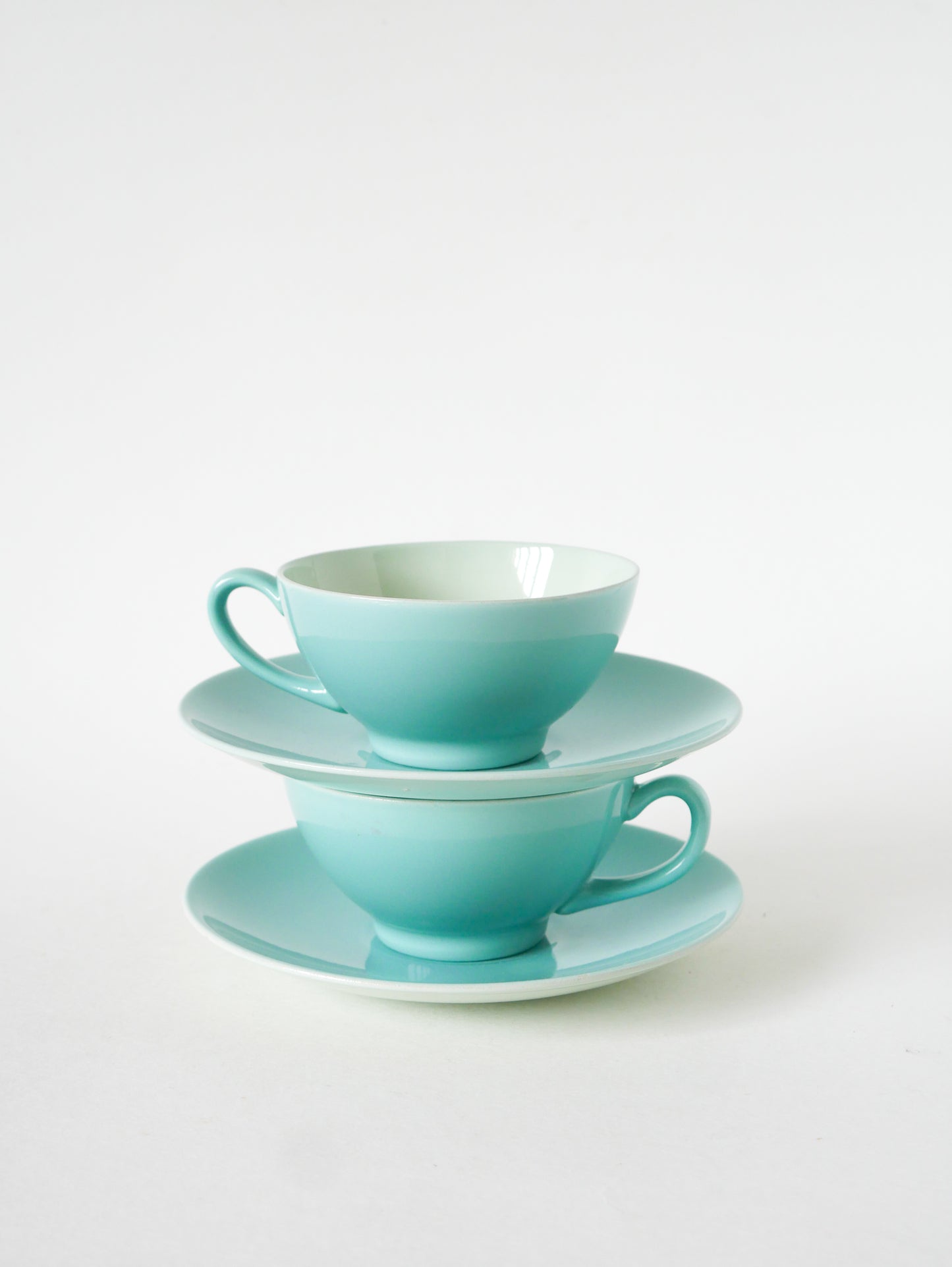 Paire de tasses et sous-tasses en faïence, Bleu Ciel & Vert Menthe, Made in Holland, 1960