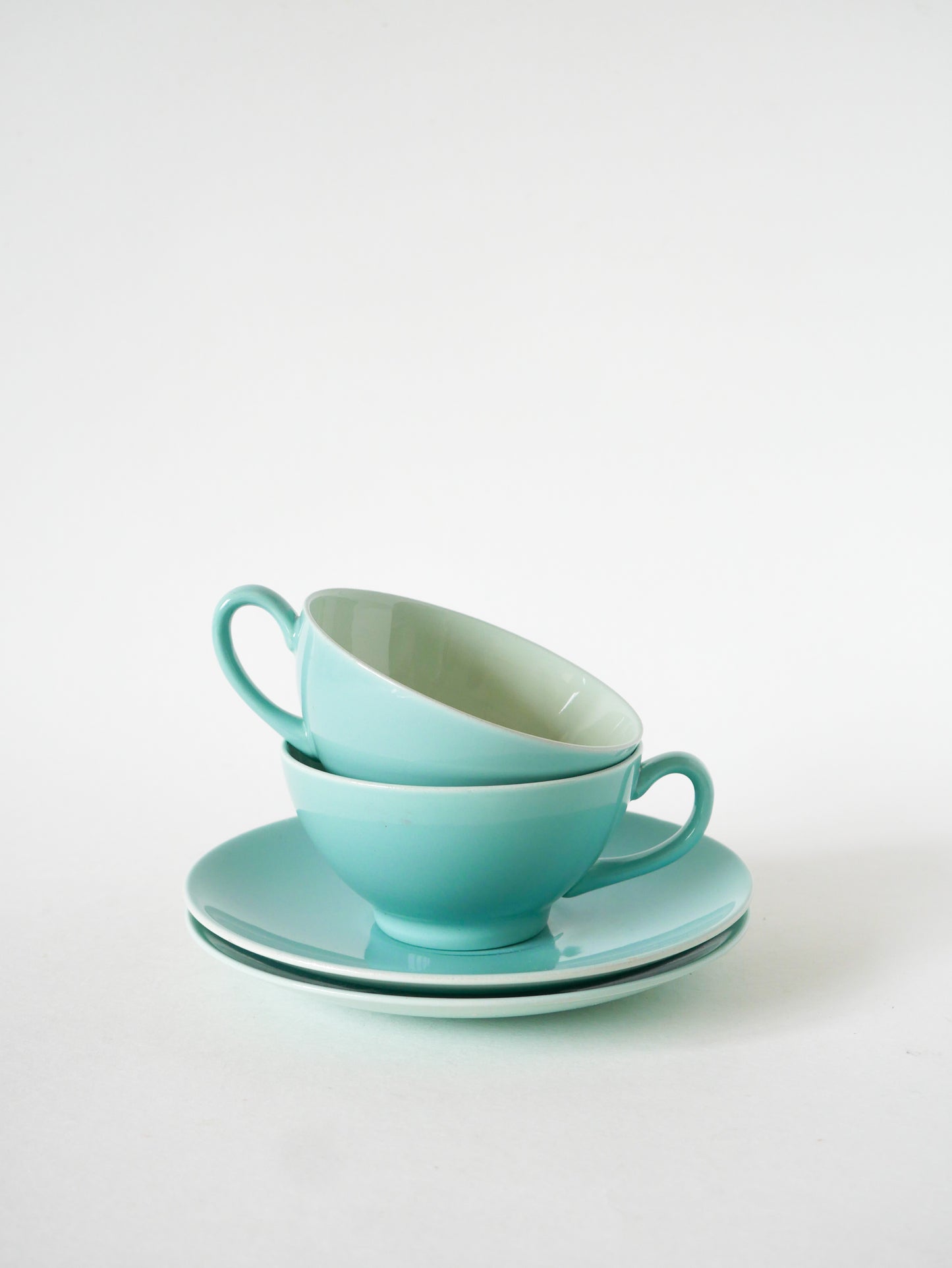 Paire de tasses et sous-tasses en faïence, Bleu Ciel & Vert Menthe, Made in Holland, 1960