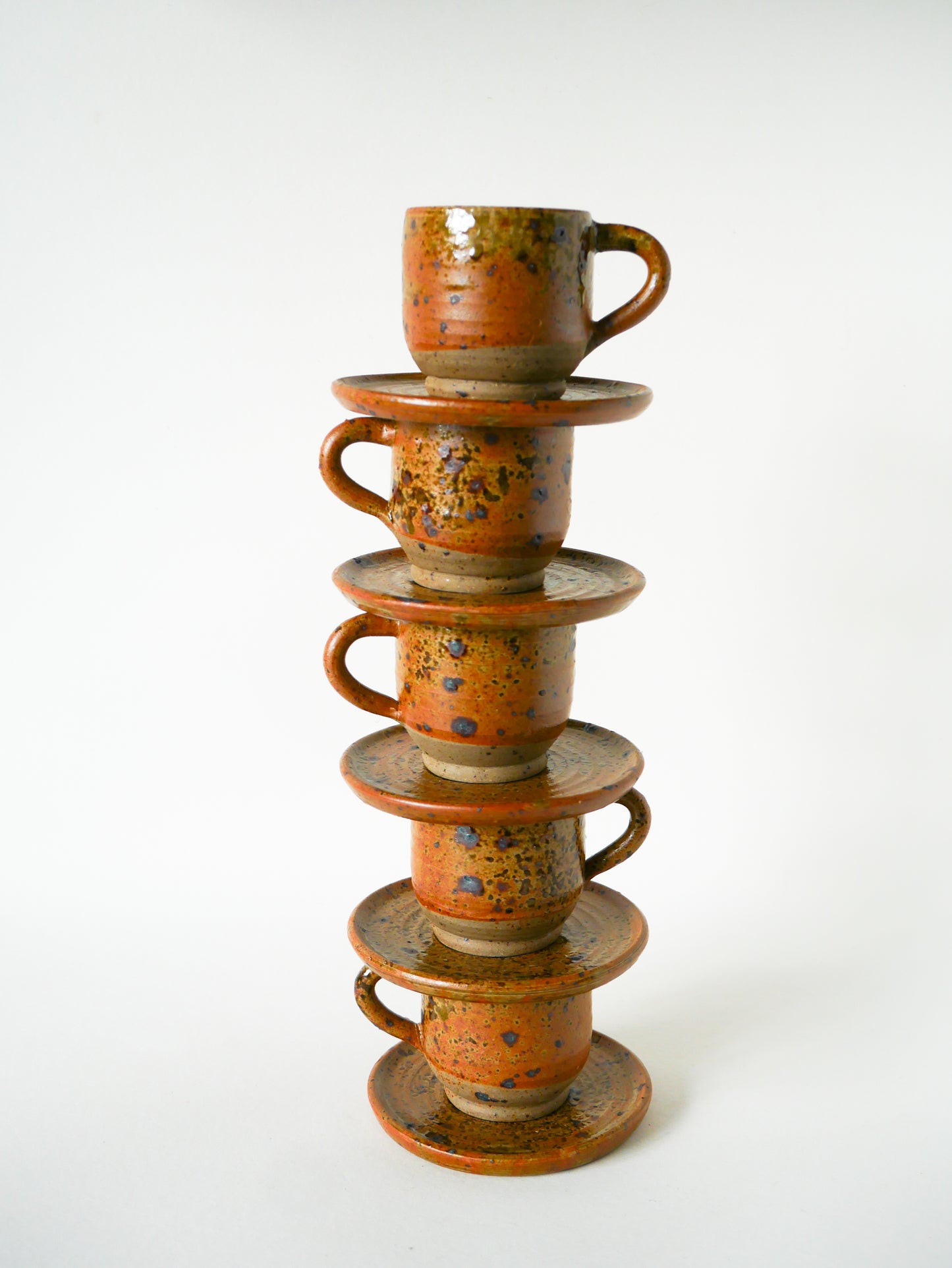 Service à café en grès vernissé composé d'une cafetière et de 5 tasses avec soucoupes, 1970