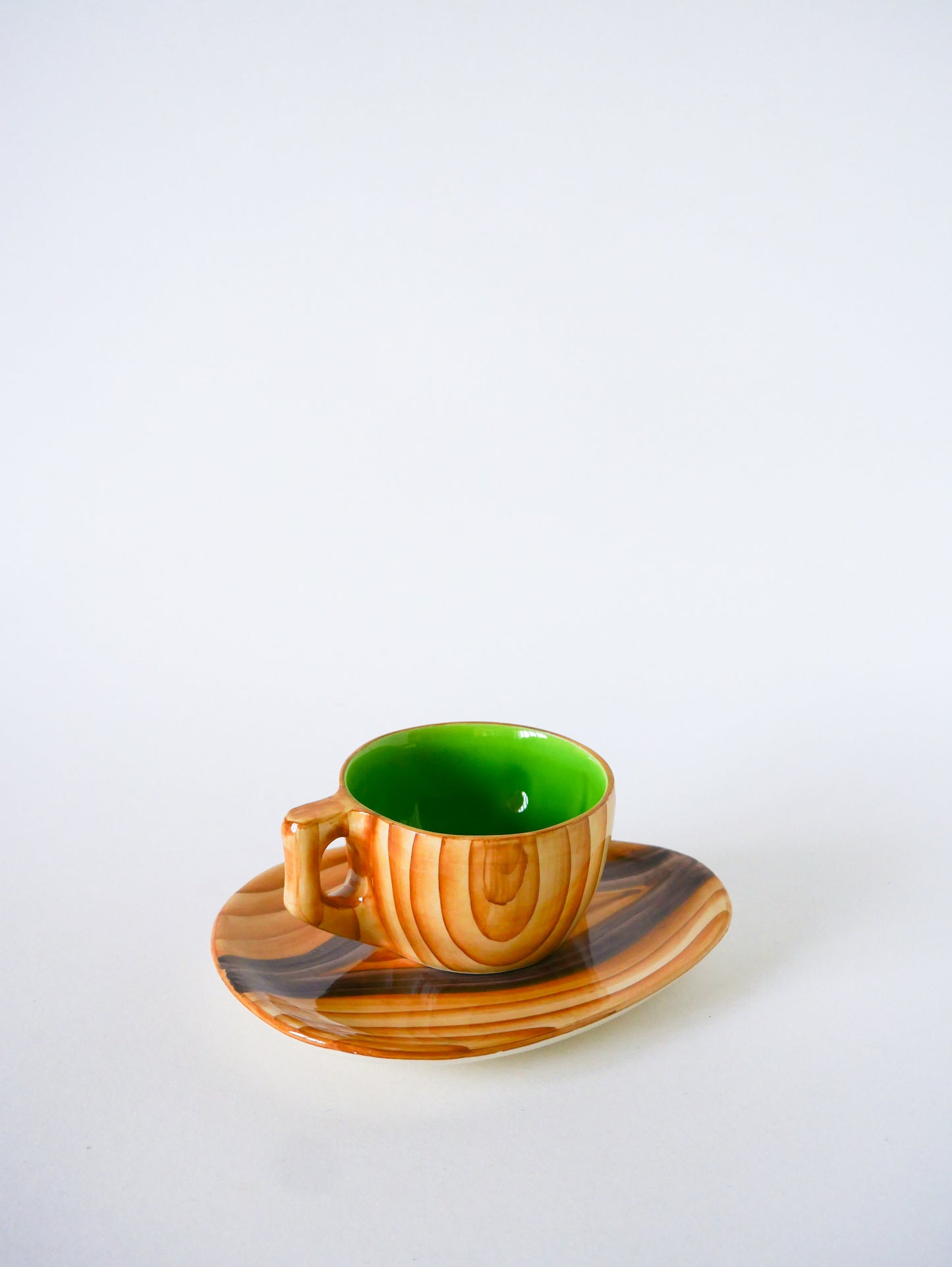 Déjeuner en céramique effet bois, Beige & Vert Pomme, Vallauris par Granjean Jourdan, 1960