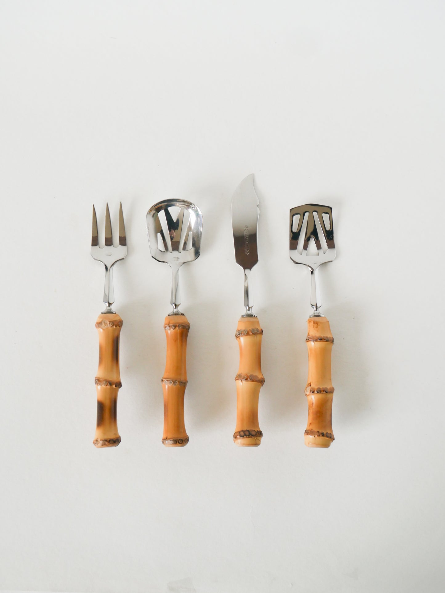 Ensemble de couverts à dessert en bois et inox, effet Bambou, 1960