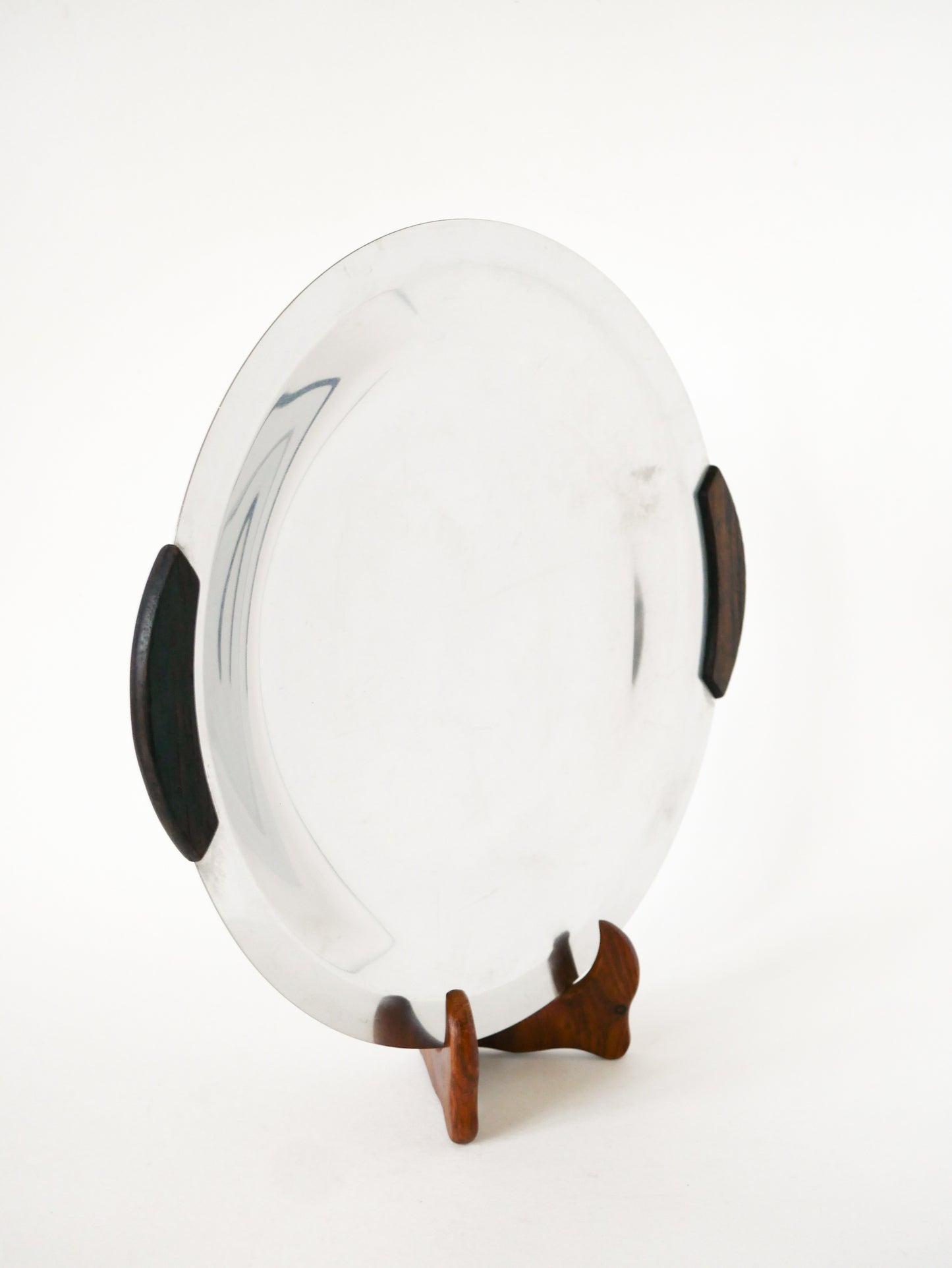 Plat rond en inox avec poignées en bois, Design, 1970 - 32 cm