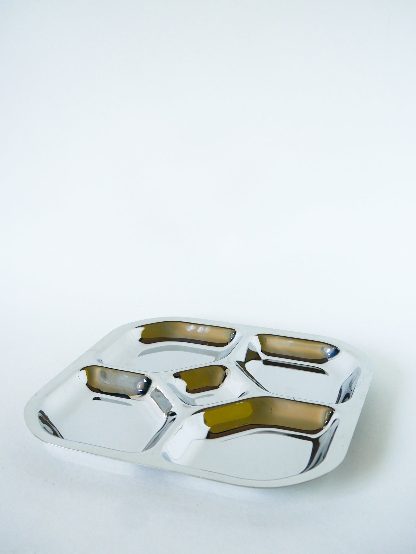 Présentoir à compartiments en inox, Carré, Design, 1970