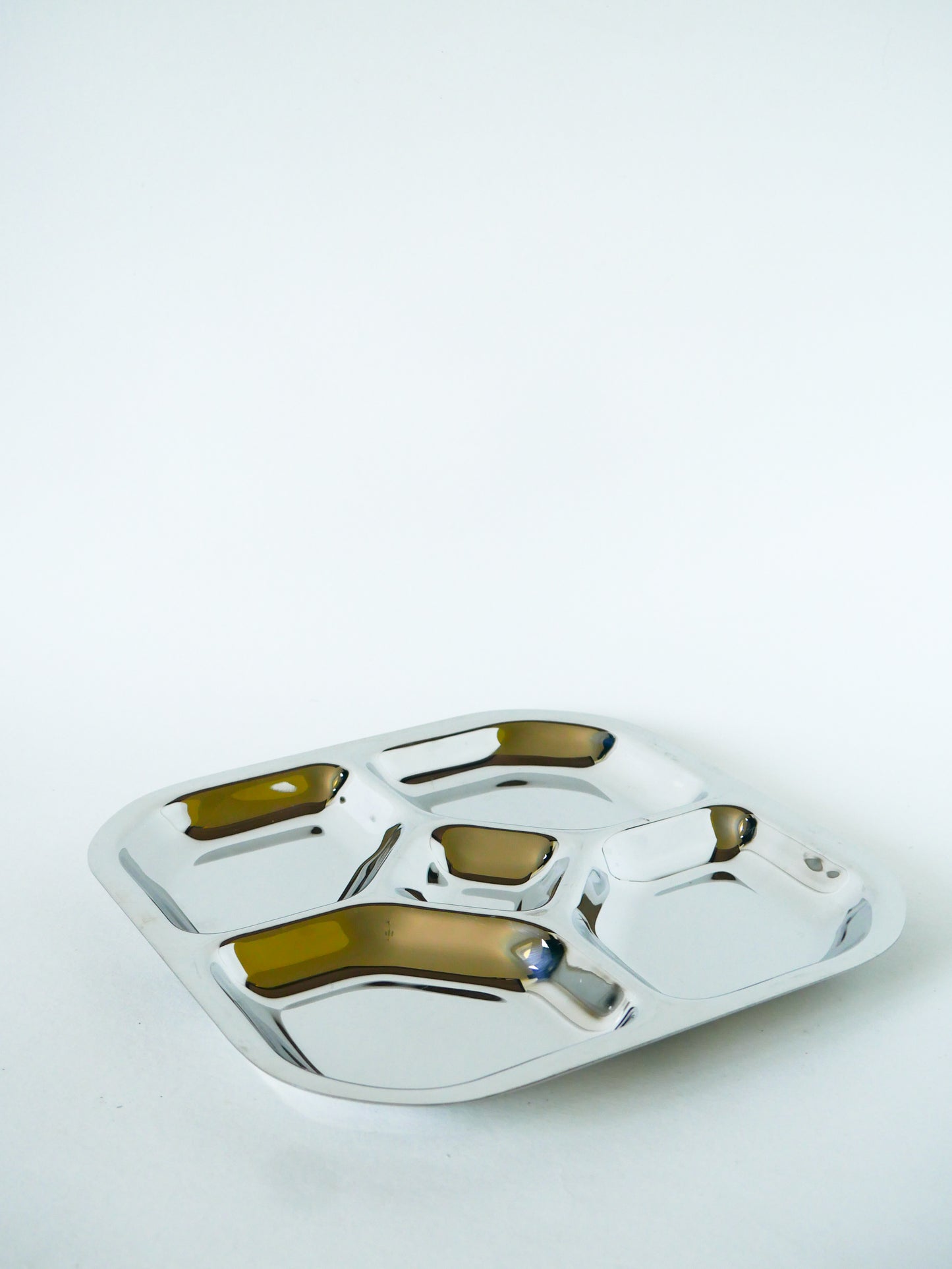 Présentoir à compartiments en inox, Carré, Design, 1970