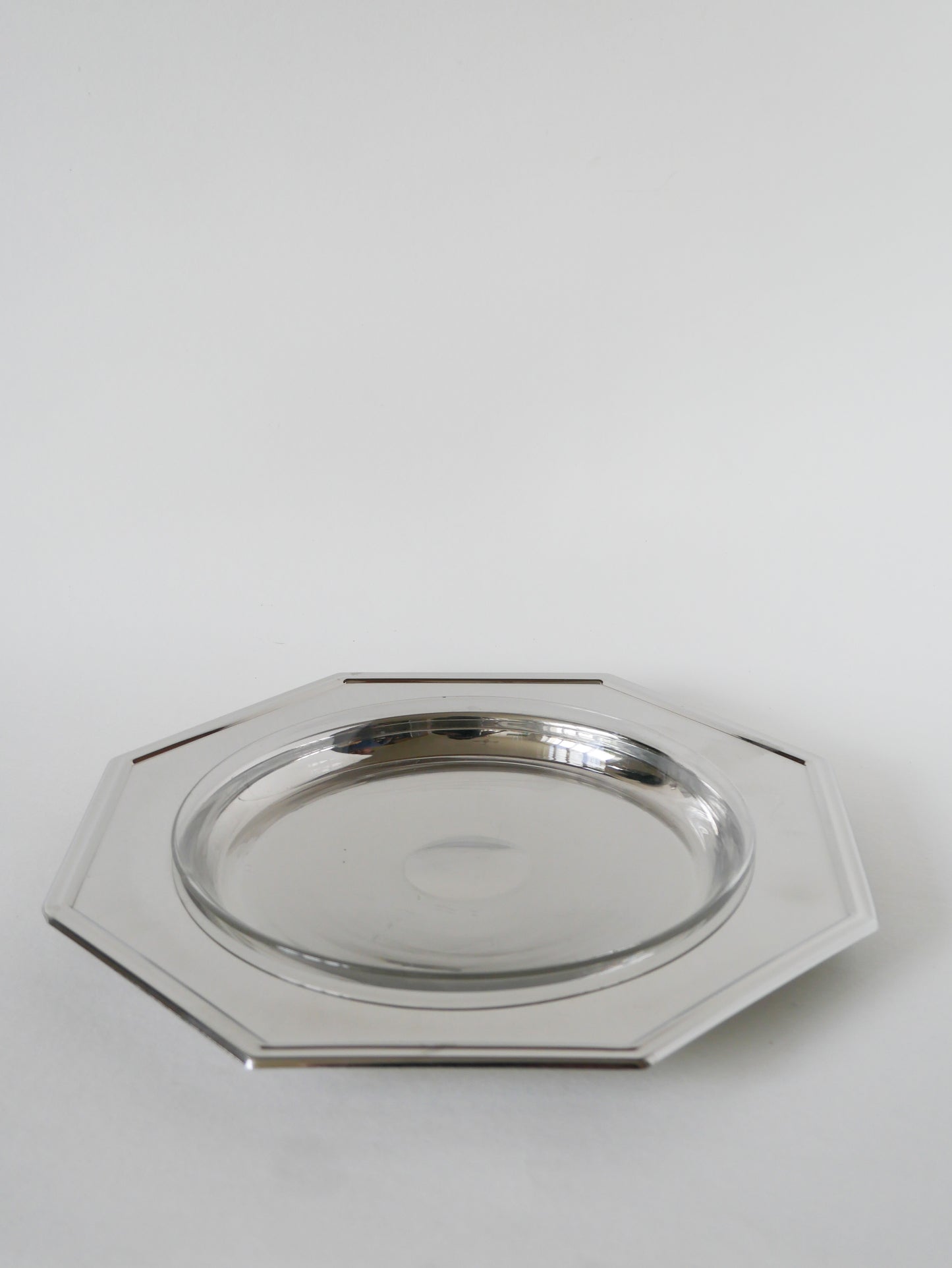 Grand plat hexagonal en inox et verre, Design, 1970