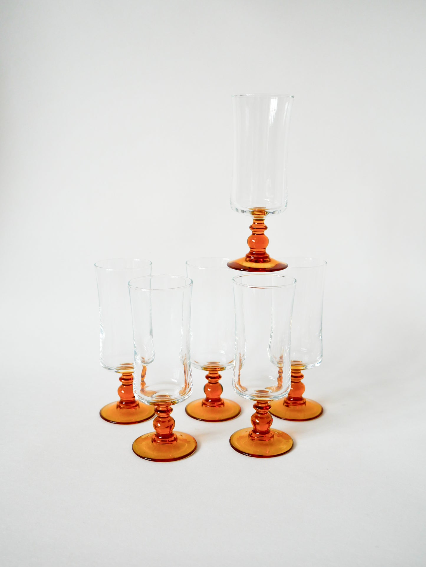 Lot de 6 flûtes à champagne à pieds ambrés vintage, 1970
