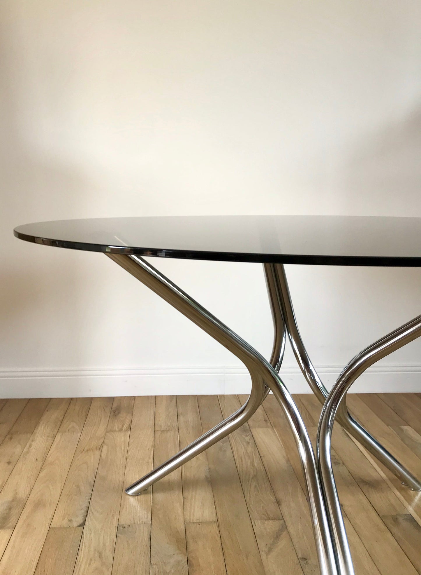 Table à manger / de salon en chrome et verre fumé années 70