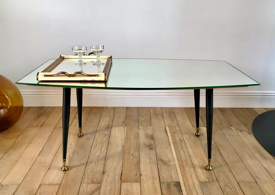Table basse design miroir et pieds compas années 50