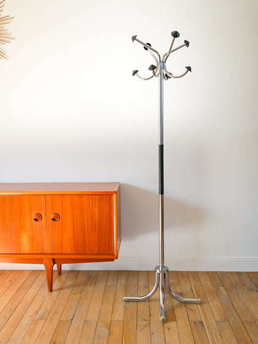 Porte-manteau en chrome et plastique noir, Design Bauhaus, 1970