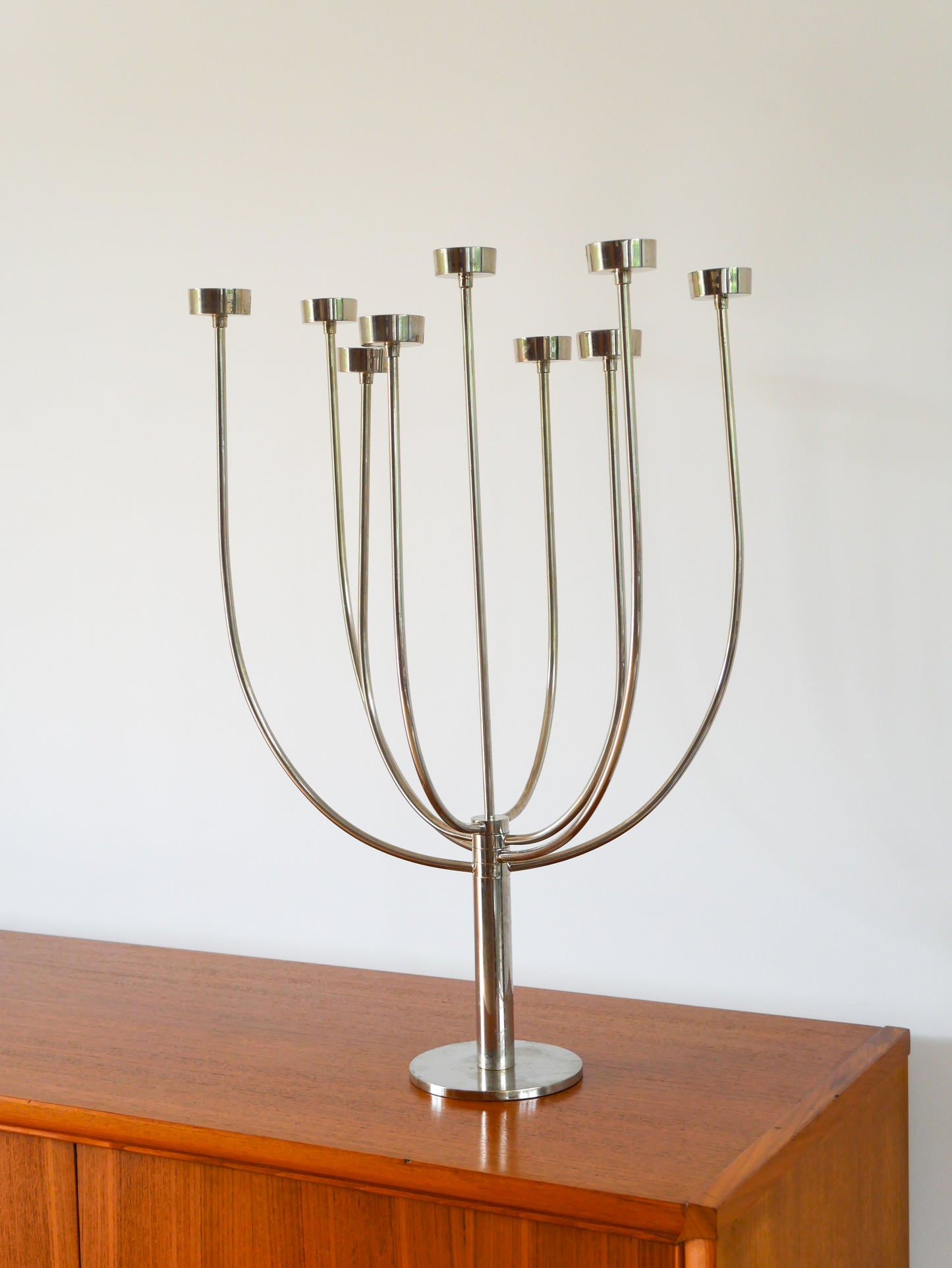 Chandelier à 9 branches en acier brossé, couleur Chrome, Design, Habitat, 1980