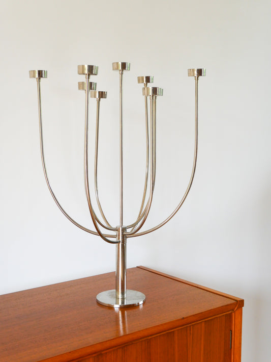Chandelier à 9 branches en acier brossé, couleur Chrome, Design, Habitat, 1980