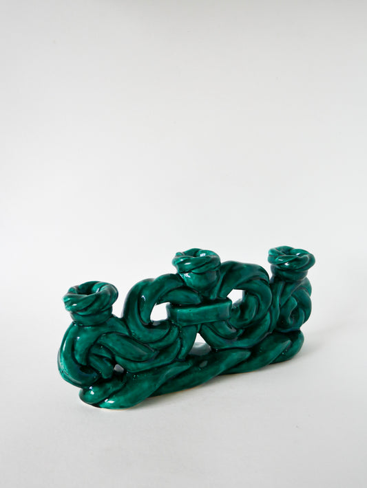 Grand chandelier triple, en céramique tressée, Vert, 1960