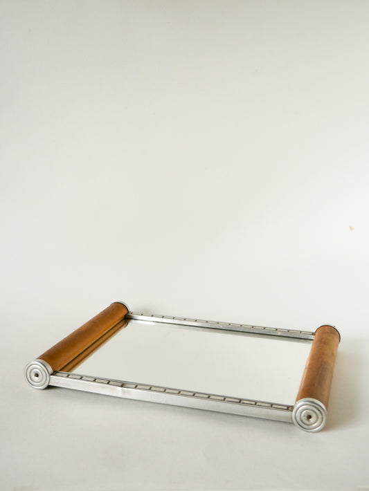 Petit plateau miroir en chrome et bois de hêtre, Art Déco, 1930