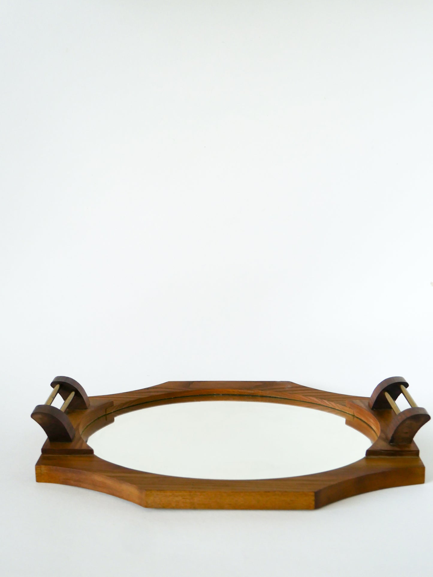 Plateau miroir en bois de hêtre, octogonal, poignées en laiton, 1950