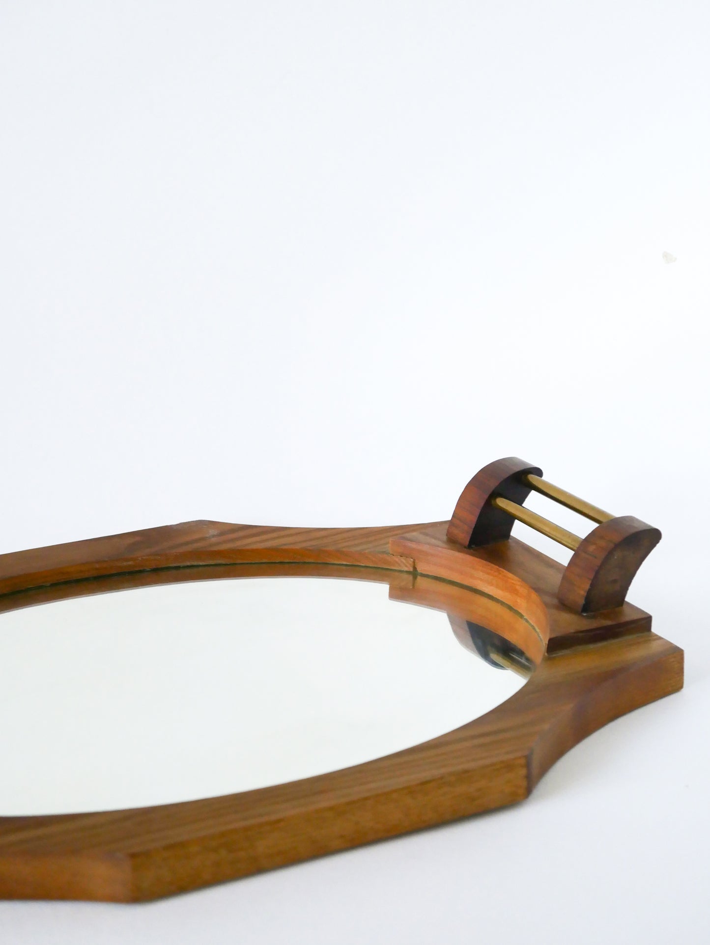 Plateau miroir en bois de hêtre, octogonal, poignées en laiton, 1950