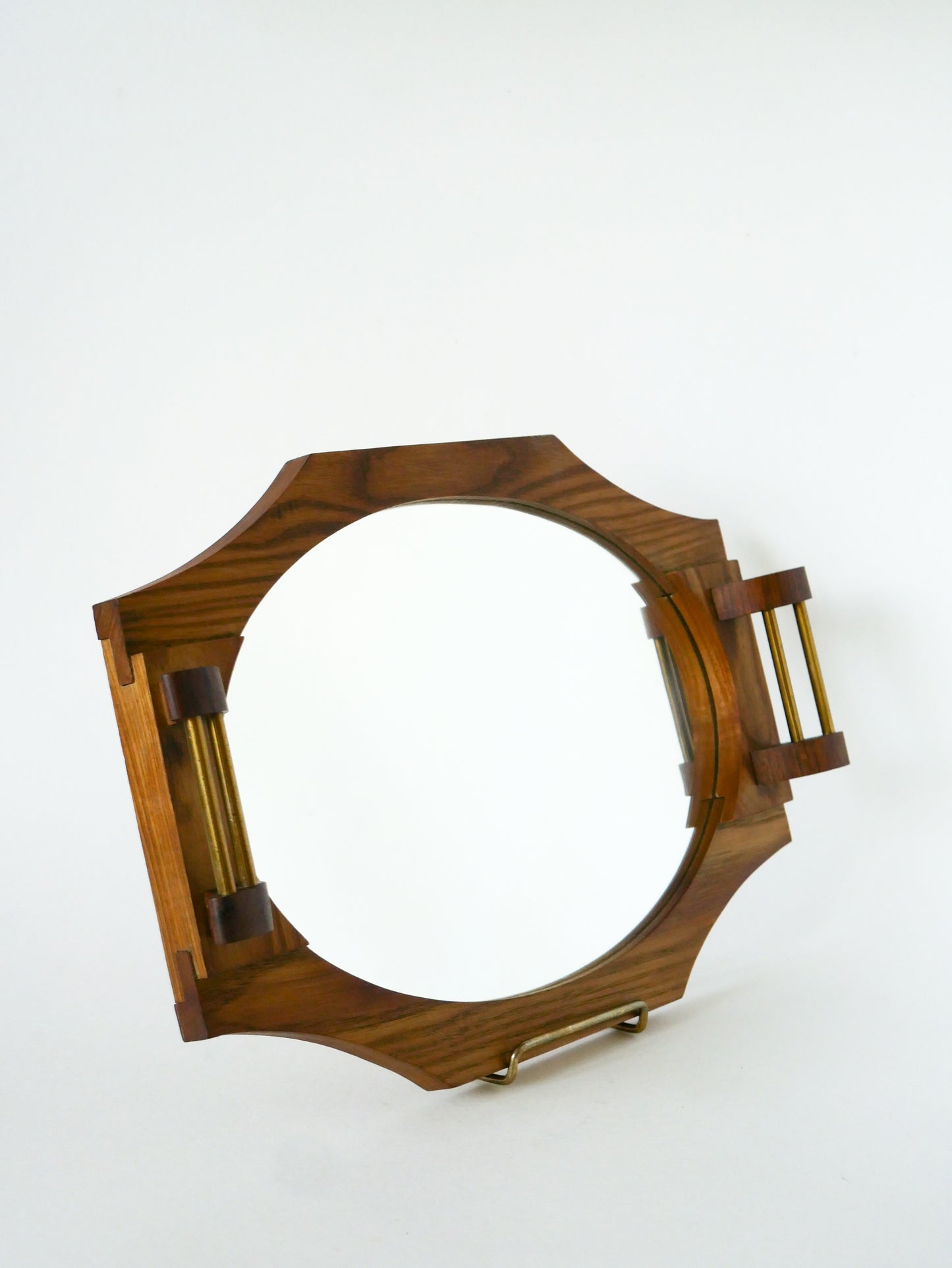 Plateau miroir en bois de hêtre, octogonal, poignées en laiton, 1950