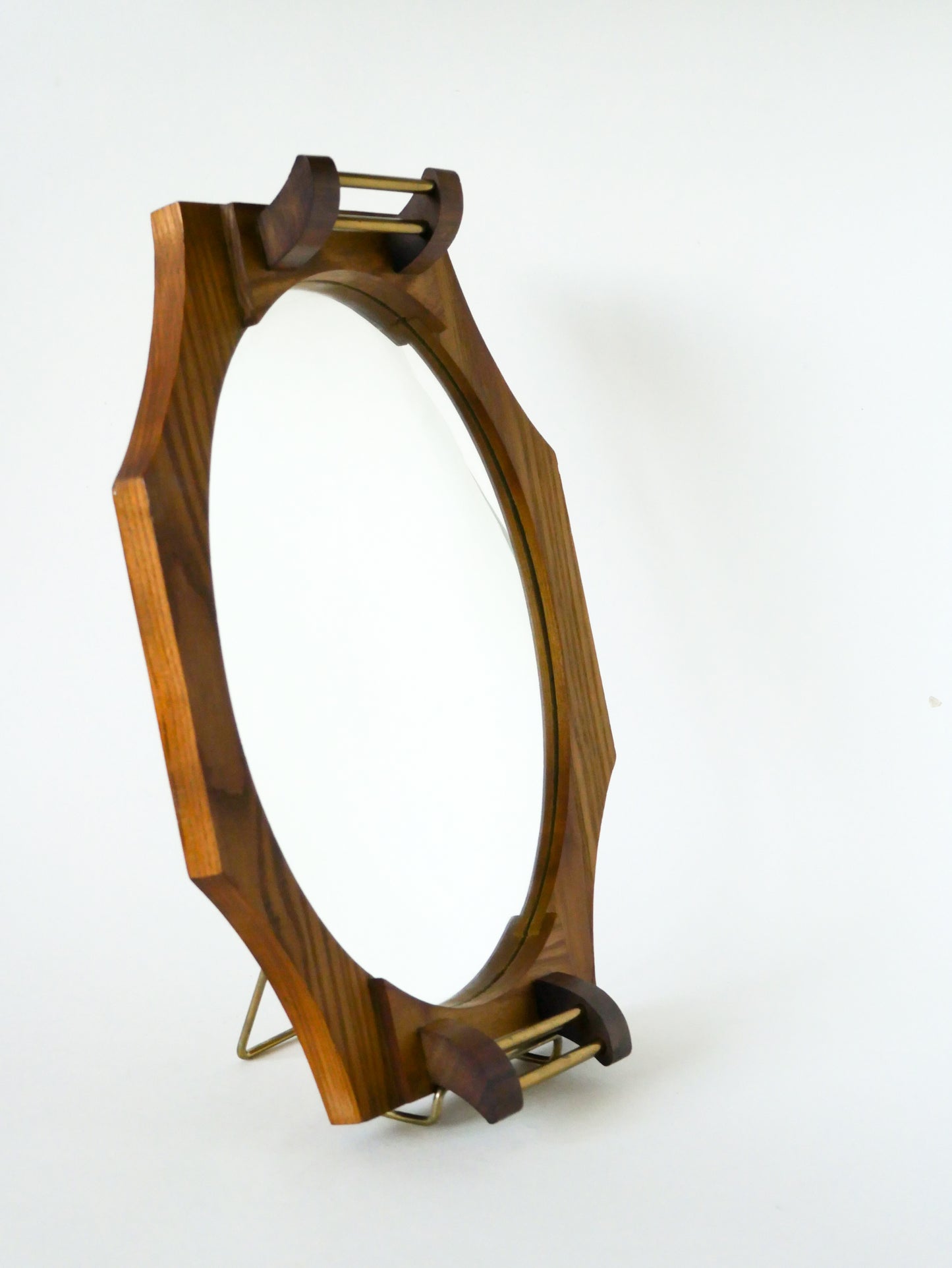 Plateau miroir en bois de hêtre, octogonal, poignées en laiton, 1950