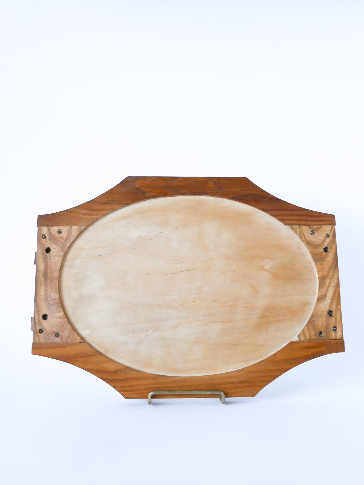 Plateau miroir en bois de hêtre, octogonal, poignées en laiton, 1950