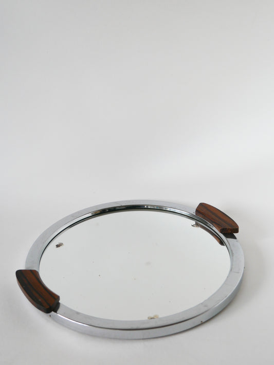 Plateau miroir rond en inox et poignées en teck, Art Déco, 1930