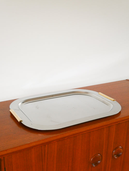 Plateau en inox rectangulaire, poignées en laiton doré, Design, 1980