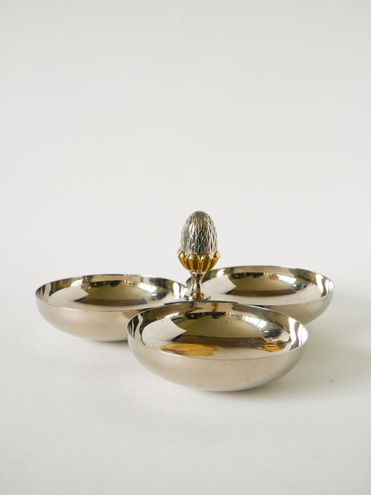 Vide-poche triple en métal argenté, modèle Pomme de Pain, 1950