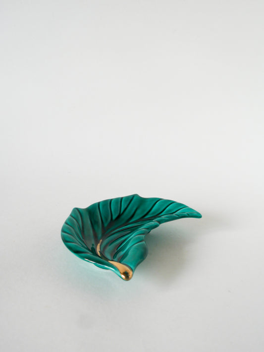 Vide-poche en céramique / barbotine, modèle Feuille, Vert et Doré - 20 X 14 cm