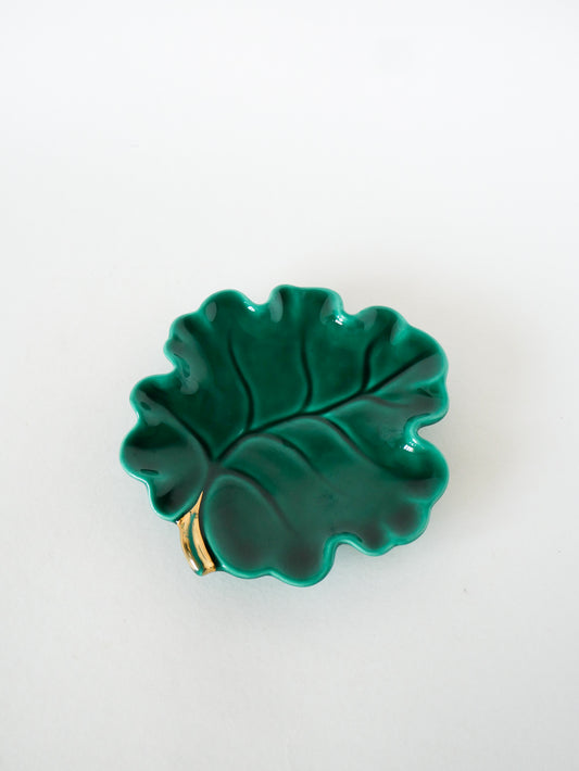 Vide-poche en céramique / barbotine, modèle Feuille, Vert et Doré - 18 X 18 cm