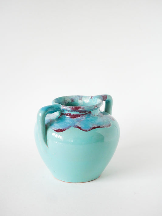 Grand vase en céramique à anse, Bleu Ciel et Rose, Made in France, 1960