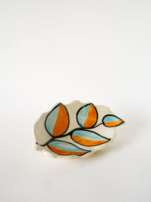 Vide-poche en céramique, forme feuilles, Orange et Bleu, Psyché, 1970