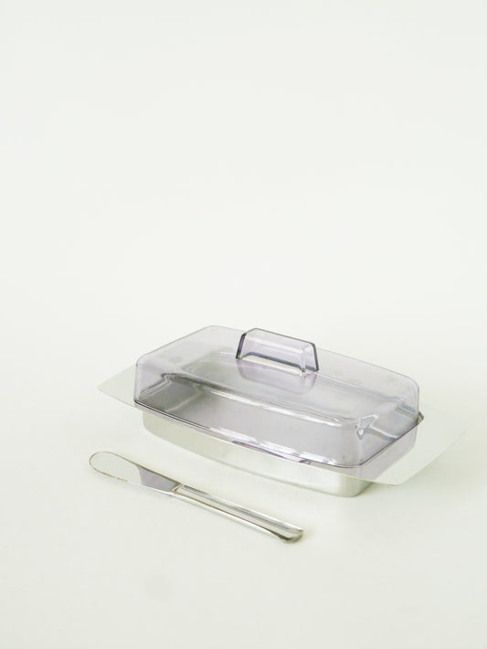 Beurrier en inox & plexi, avec son couteau, Design, 1970