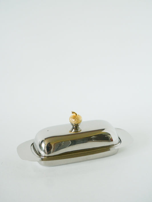 Beurrier en métal argenté, laiton et verre, 1960