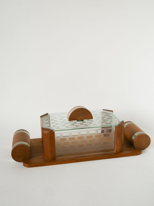 Boîte à biscuits en bois, verre et chrome, Art Déco, 1940