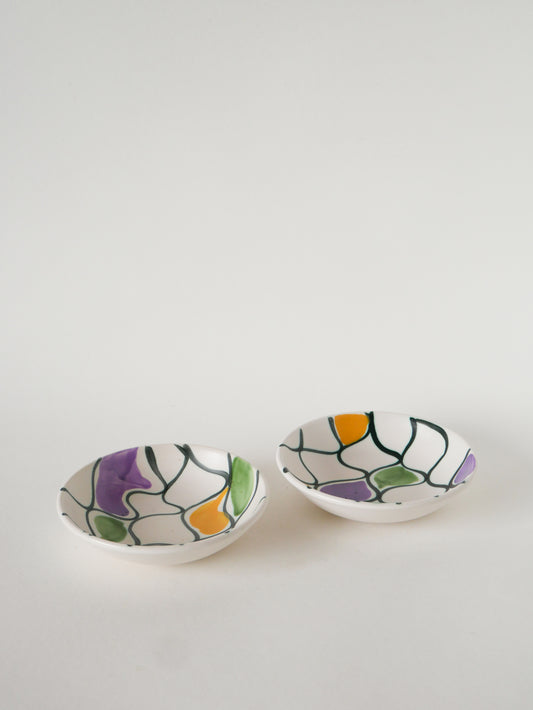 Paire de ramequins en céramique, motifs abstraits Jaune, Violet et Vert, modèle Pornic, 1960