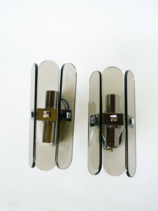 Paire d'appliques en verre fumé, Fontana Arte, Design Italien, 1970