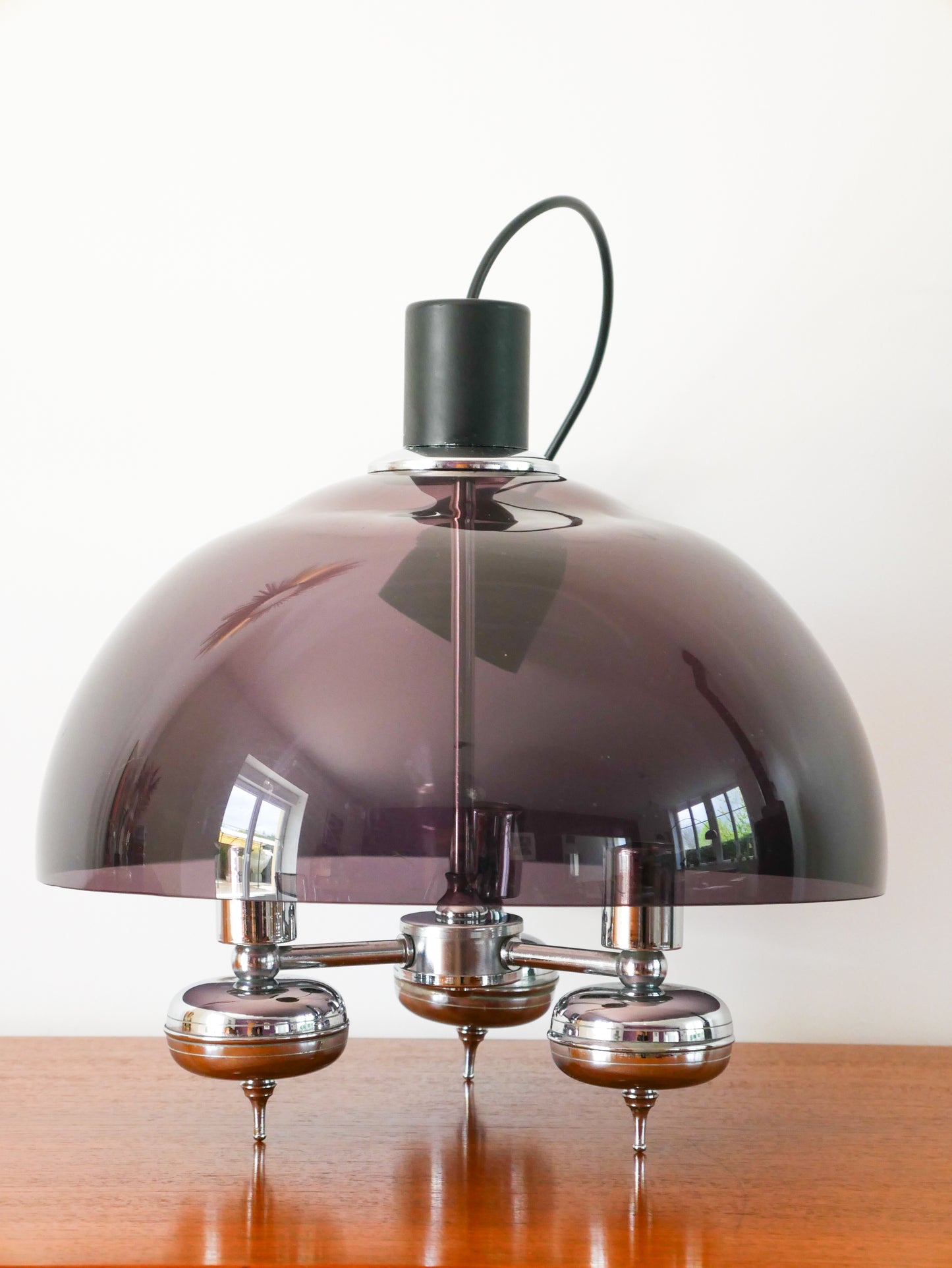 Lustre trois branches en plexi fumé et chrome, Space Age, 1970