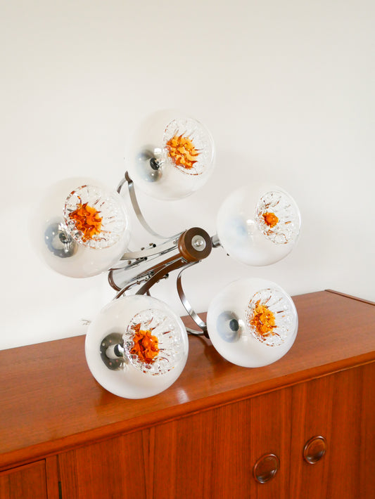 Lustre Gaetano Sciolari, 5 feux, en verre de Murano, Opaline et Ambré, 1970