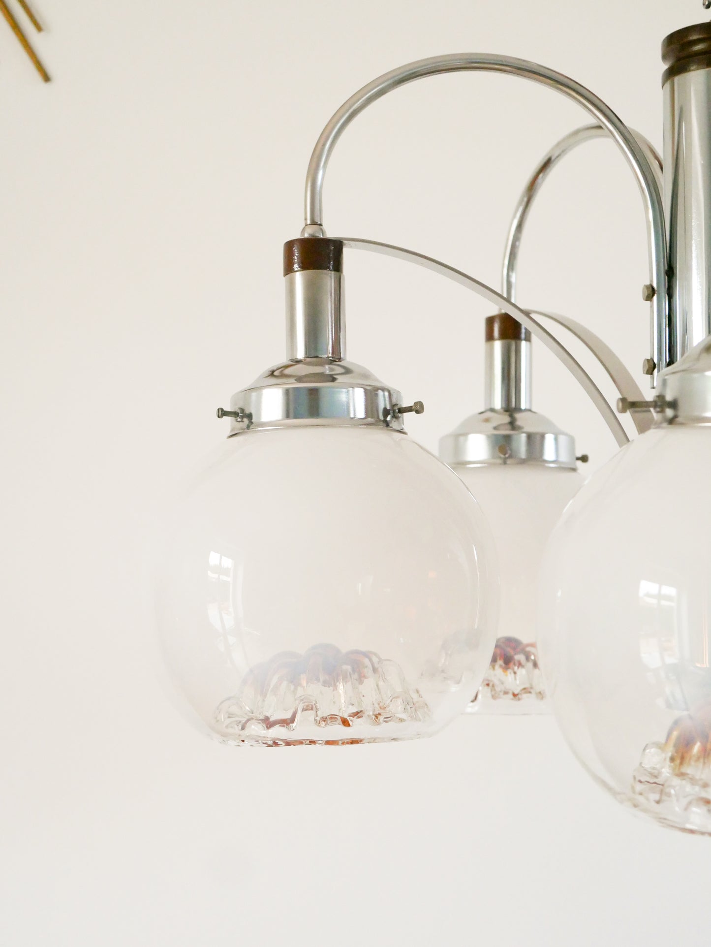 Lustre Gaetano Sciolari, 5 feux, en verre de Murano, Opaline et Ambré, 1970
