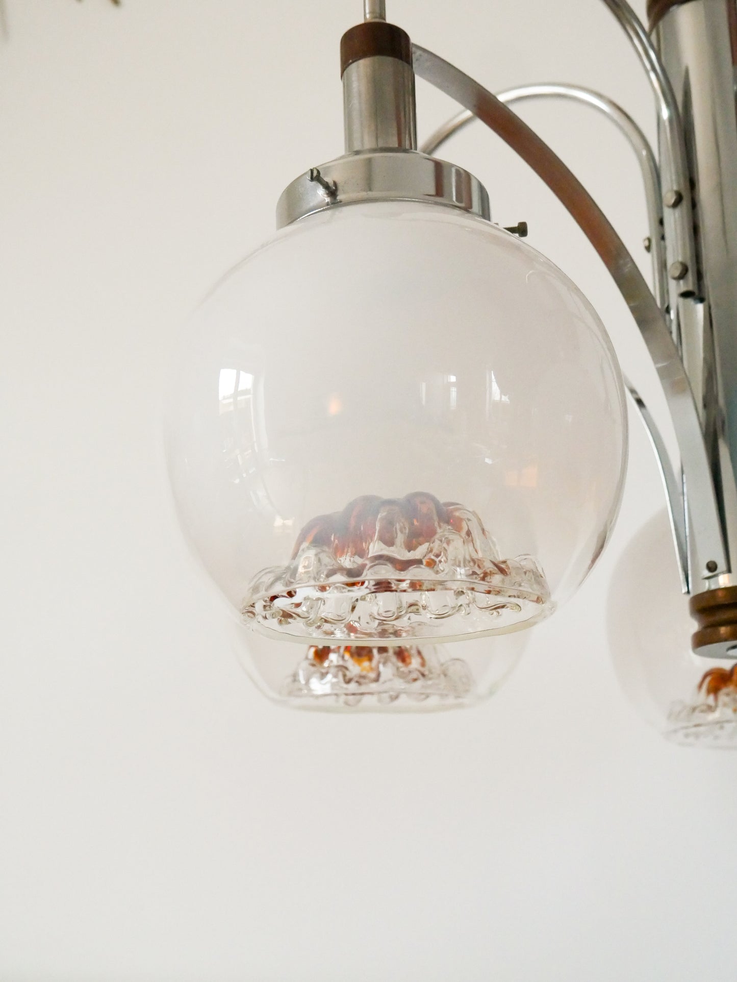 Lustre Gaetano Sciolari, 5 feux, en verre de Murano, Opaline et Ambré, 1970