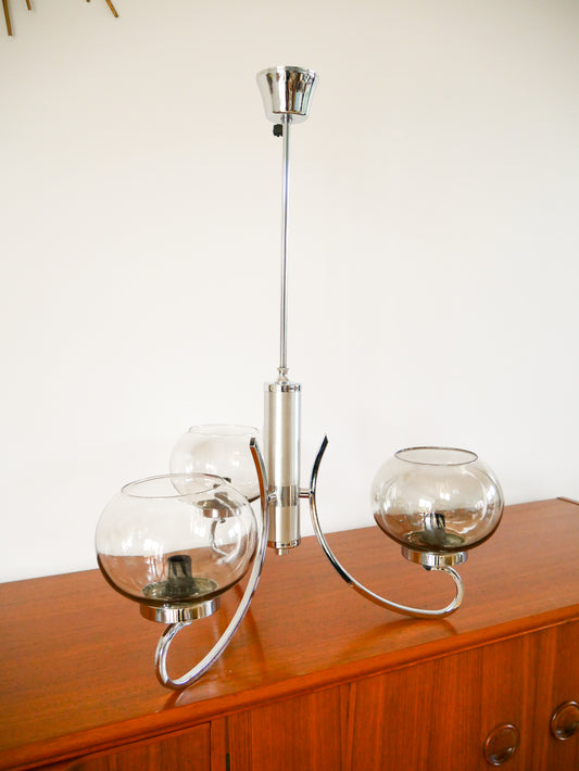 Lustre Gaetano Sciolari, 3 feux, en chrome et verre fumé, 1970