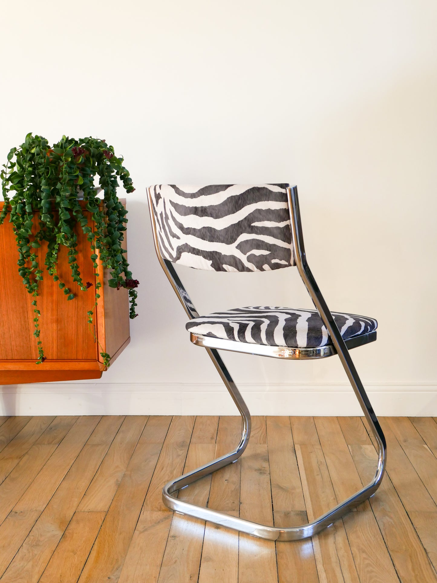 Chaise piètement en chrome et retapissée en velours, Zèbre, Design,1970
