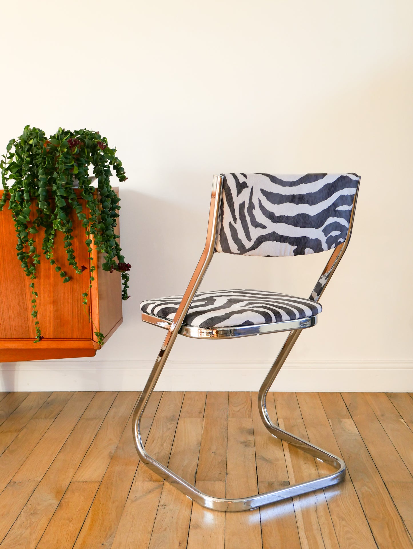 Chaise piètement en chrome et retapissée en velours, Zèbre, Design,1970