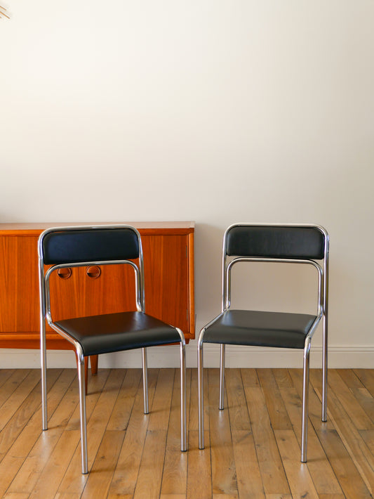 Paire de chaises en chrome et skaï, Noir, Design Bauhaus, 1970
